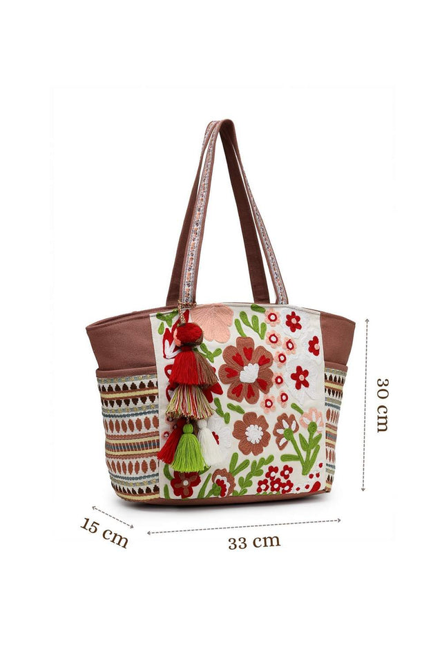 Off White Floral Embroidered Cotton Tote Bag