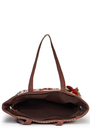 Off White Floral Embroidered Cotton Tote Bag