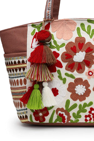 Off White Floral Embroidered Cotton Tote Bag