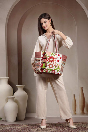 Off White Floral Embroidered Cotton Tote Bag