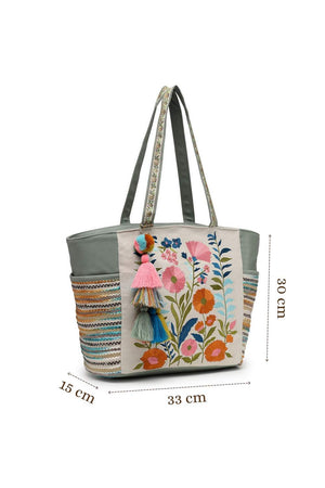 Off White Floral Embroidered Cotton Tote Bag
