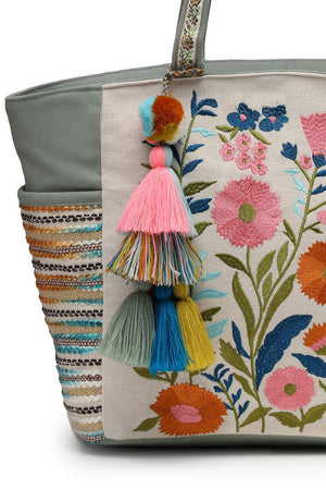 Off White Floral Embroidered Cotton Tote Bag