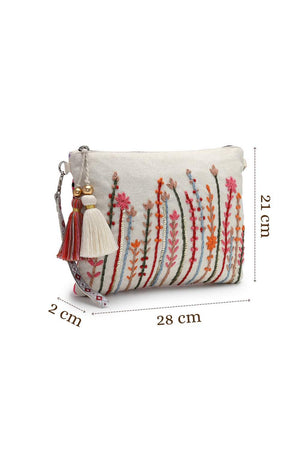 Off White Floral Embroidered Cotton Sling Bag