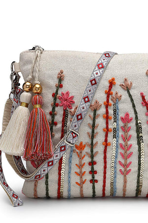 Off White Floral Embroidered Cotton Sling Bag