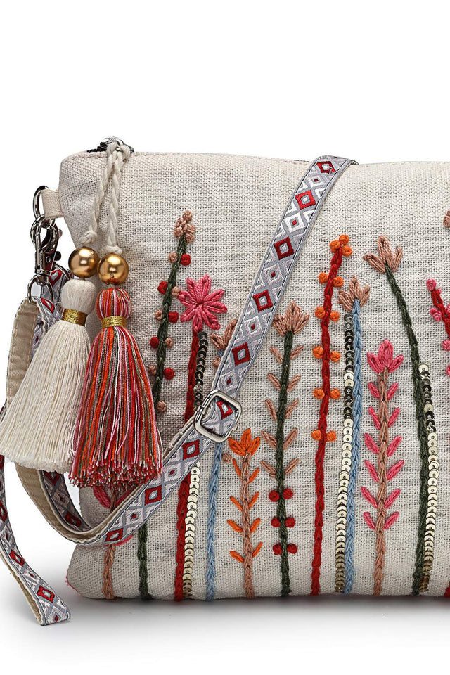 Off White Floral Embroidered Cotton Sling Bag
