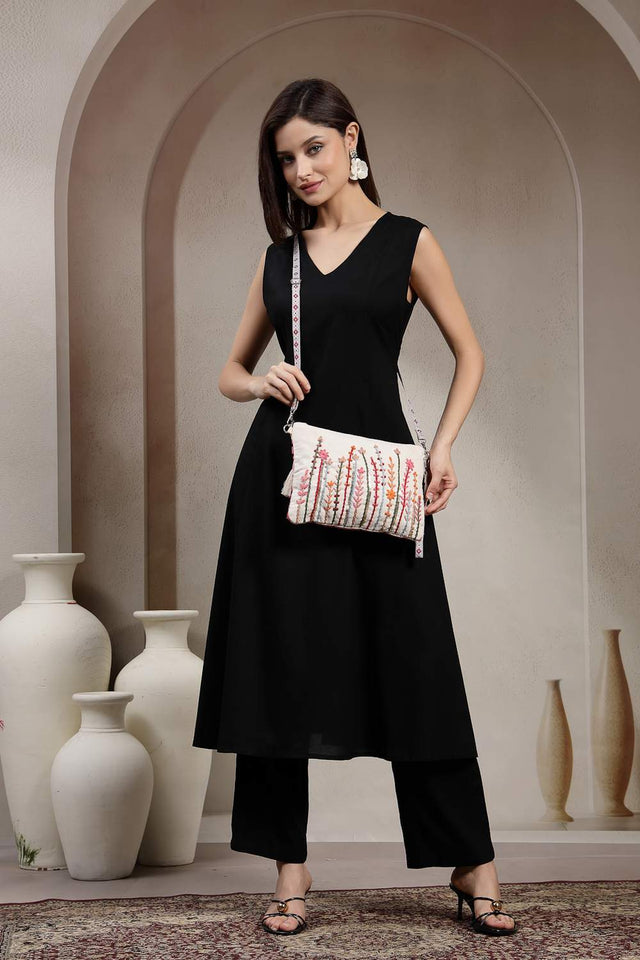 Off White Floral Embroidered Cotton Sling Bag