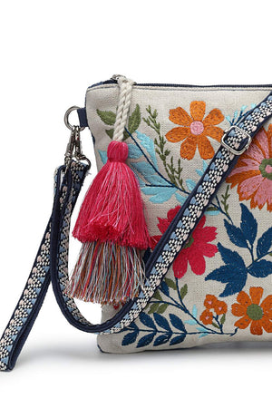 Off White Floral Embroidered Cotton Sling Bag