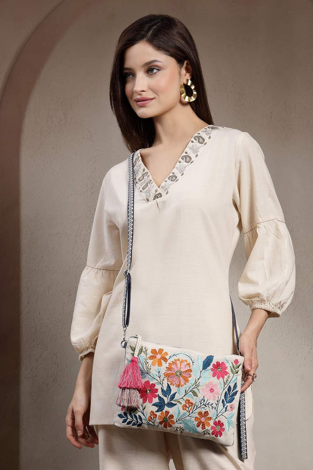 Off White Floral Embroidered Cotton Sling Bag