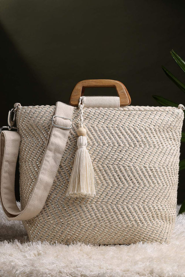 Off White Chevron Woven Cotton Hand Bag