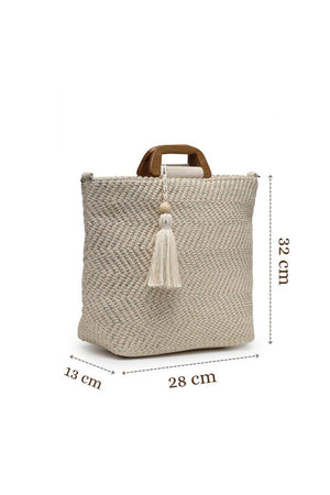 Off White Chevron Woven Cotton Hand Bag