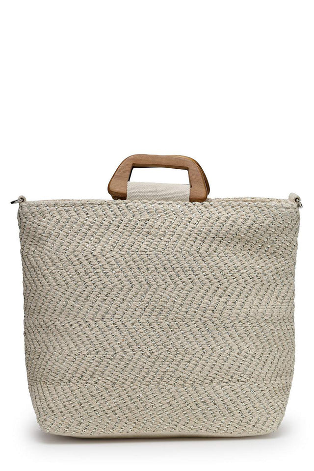 Off White Chevron Woven Cotton Hand Bag