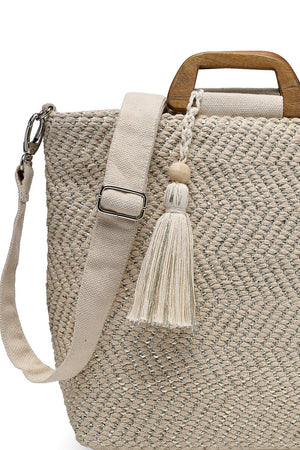 Off White Chevron Woven Cotton Hand Bag