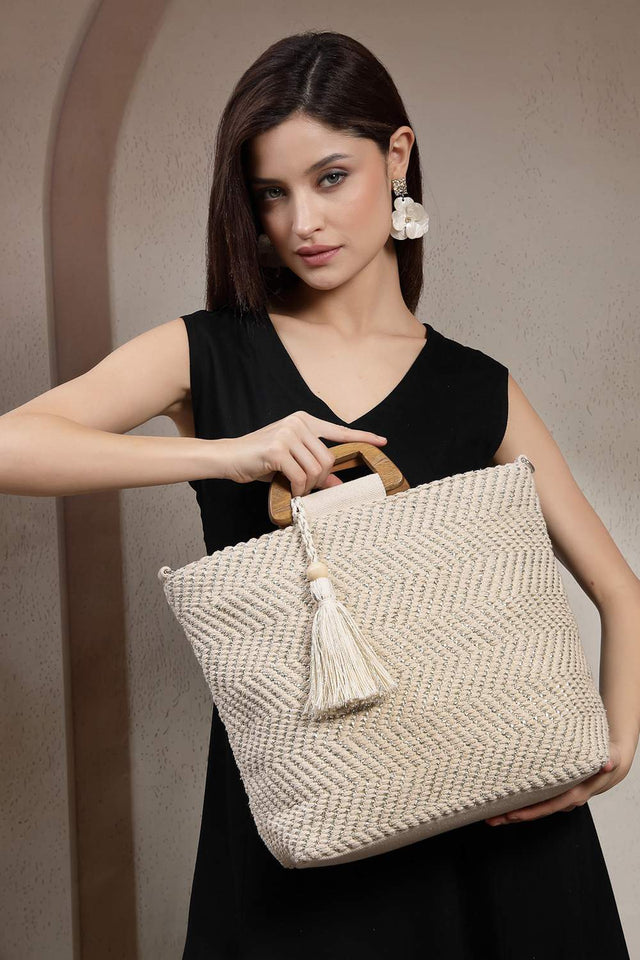 Off White Chevron Woven Cotton Hand Bag