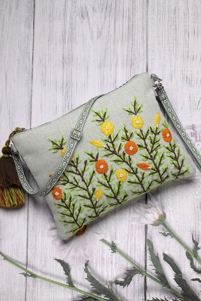 Pastel Green Floral Embroidered Cotton Sling Bag