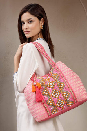 Pink Beaded Cotton Hand Bag