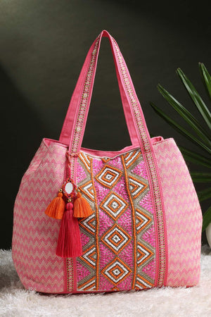 Pink Beaded Cotton Hand Bag