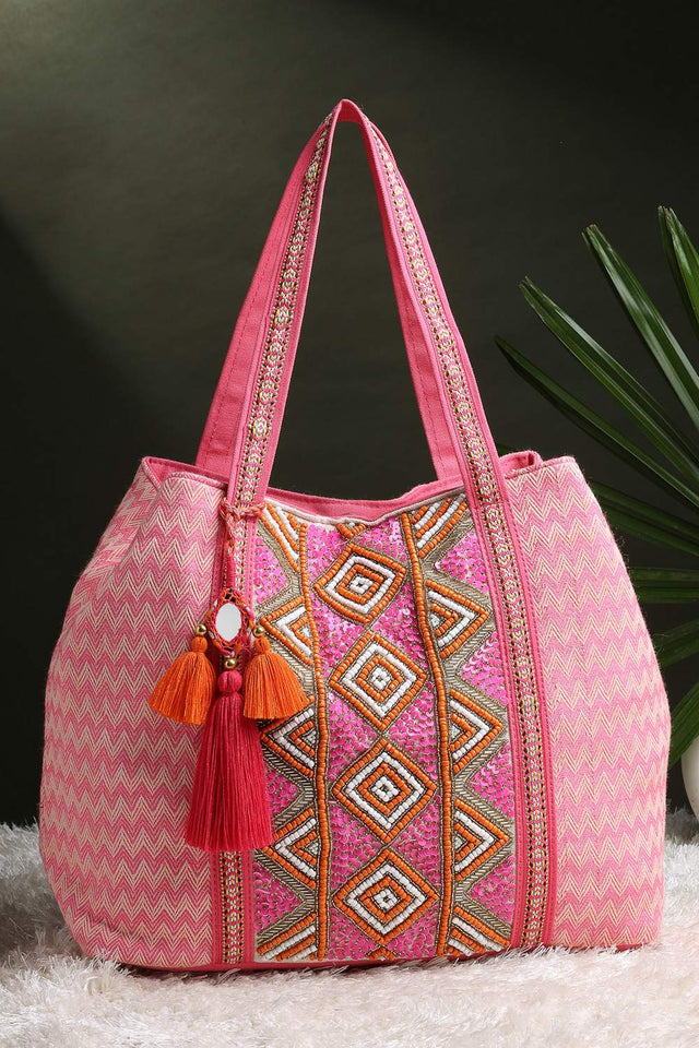 Pink Beaded Cotton Hand Bag