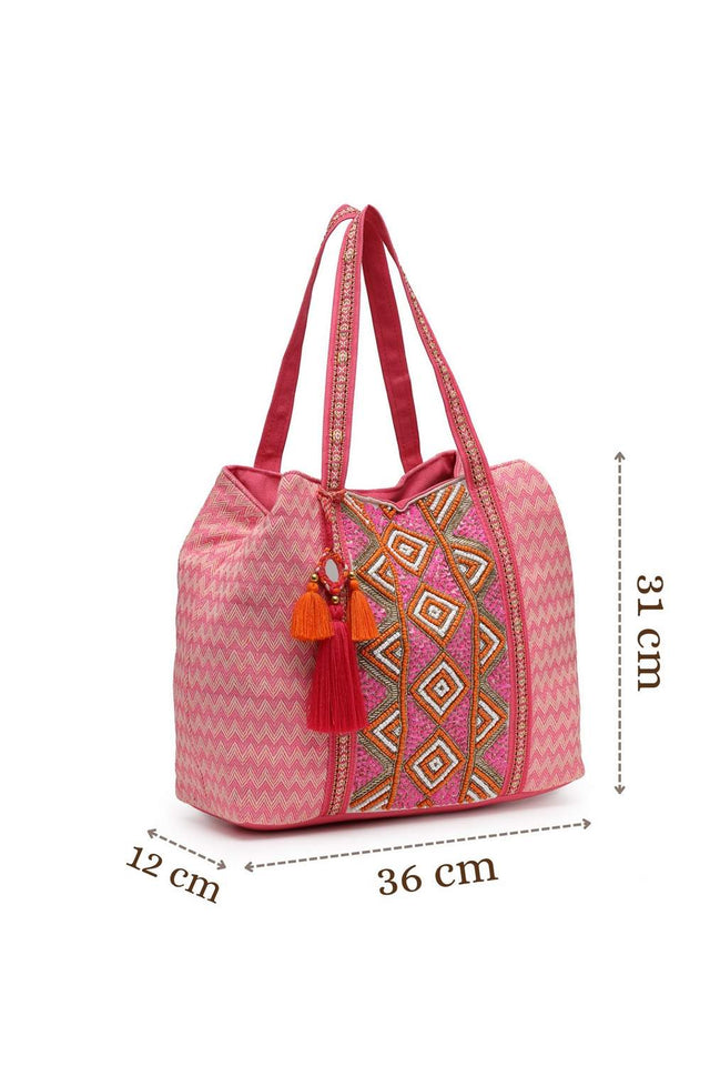 Pink Beaded Cotton Hand Bag