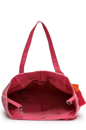 Pink Beaded Cotton Hand Bag