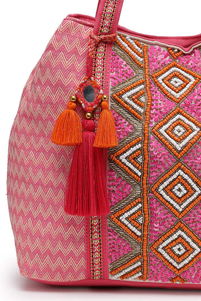 Pink Beaded Cotton Hand Bag