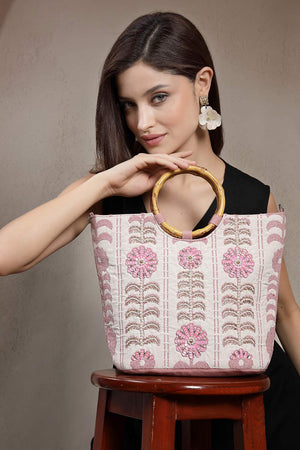 White Floral Embellished Cotton Hand Bag