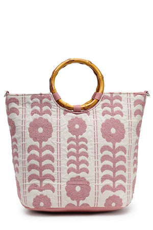 White Floral Embellished Cotton Hand Bag