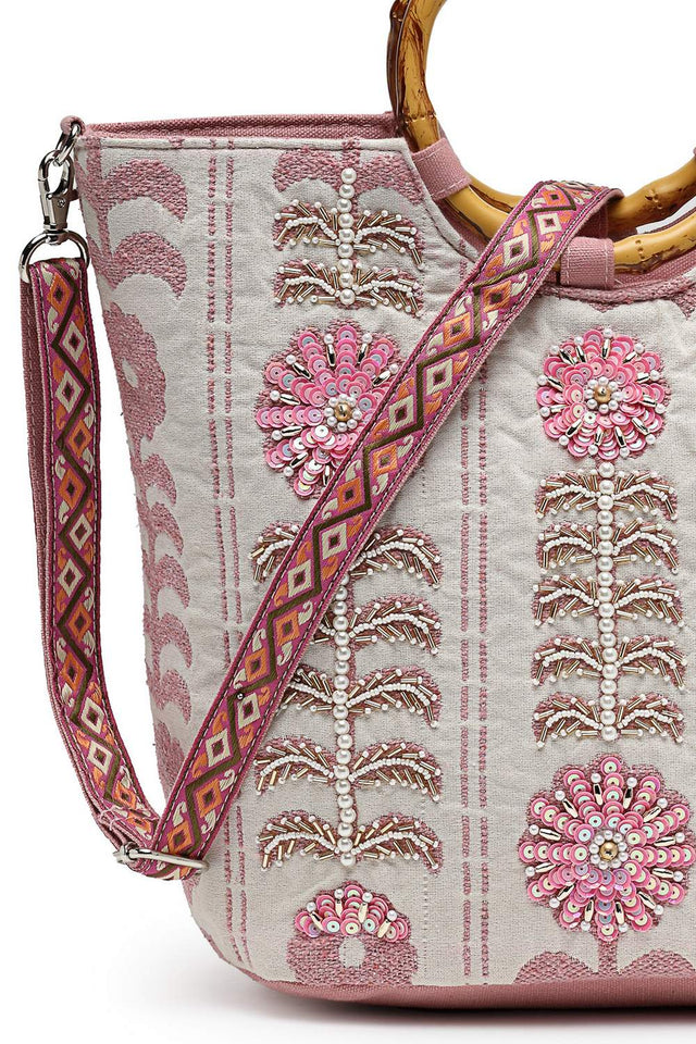 White Floral Embellished Cotton Hand Bag