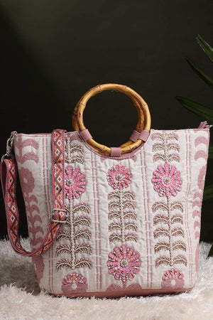 White Floral Embellished Cotton Hand Bag