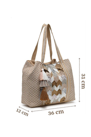 Beige Embellished Cotton Hand Bag