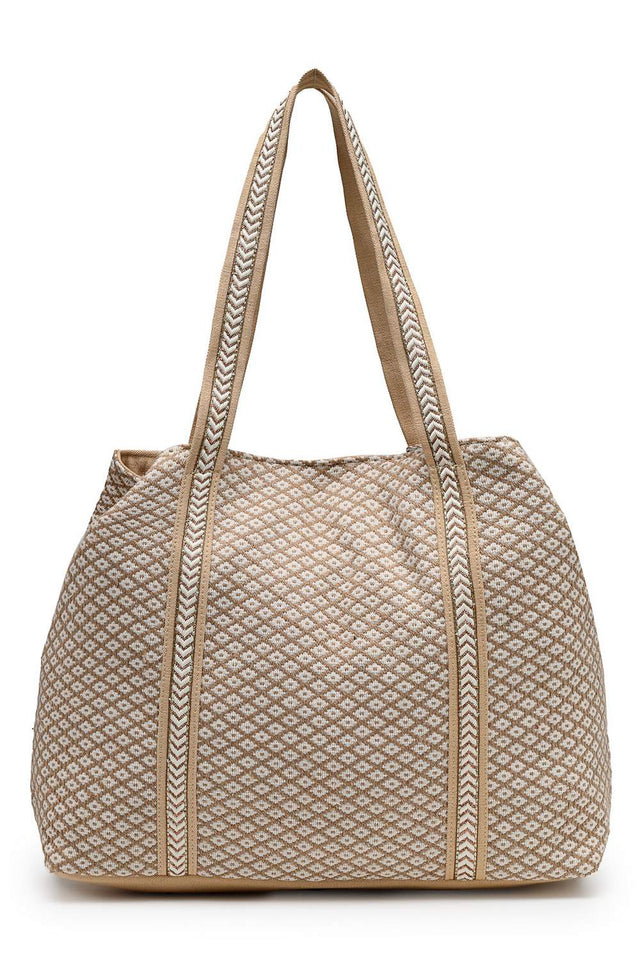 Beige Embellished Cotton Hand Bag