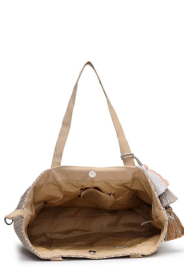 Beige Embellished Cotton Hand Bag