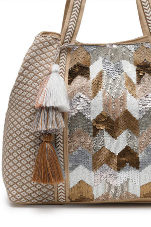 Beige Embellished Cotton Hand Bag