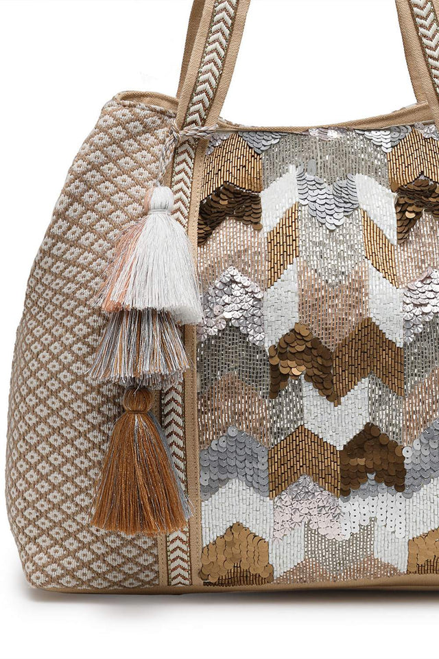 Beige Embellished Cotton Hand Bag