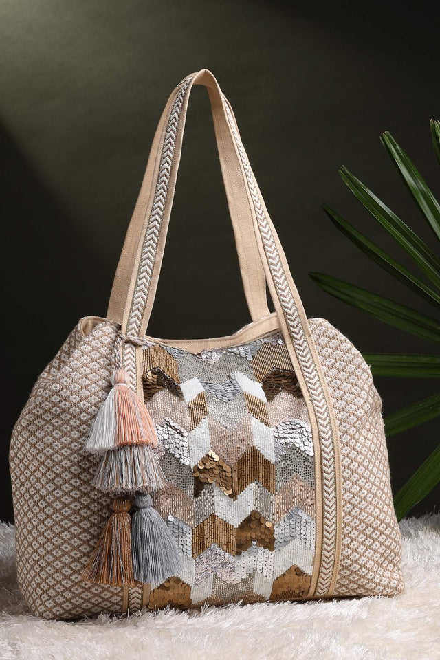 Beige Embellished Cotton Hand Bag