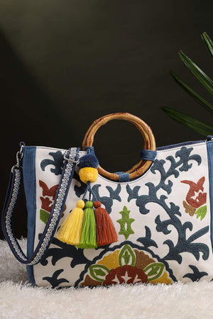 White Floral Embroidered Cotton Hand Bag