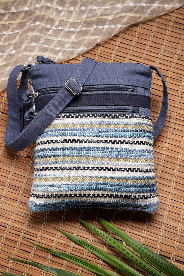 Navy Blue Striped Woven Acrylic Jacquard Sling Bag