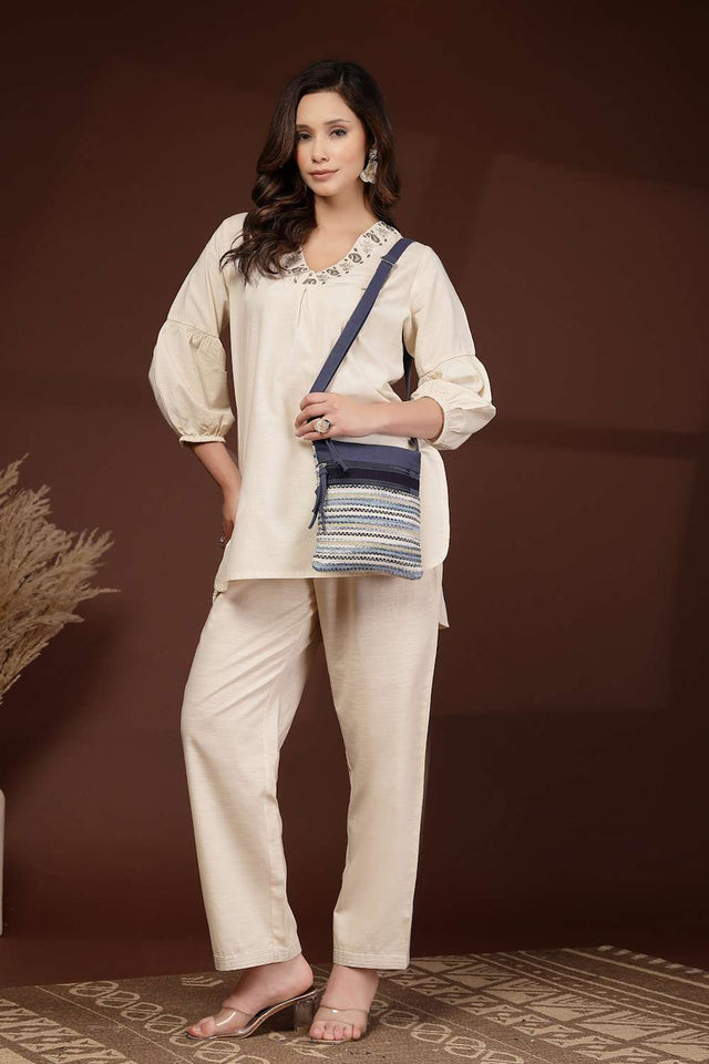 Navy Blue Striped Woven Acrylic Jacquard Sling Bag