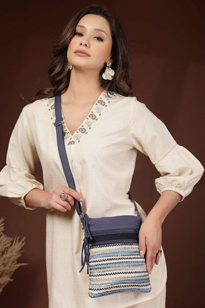 Navy Blue Striped Woven Acrylic Jacquard Sling Bag