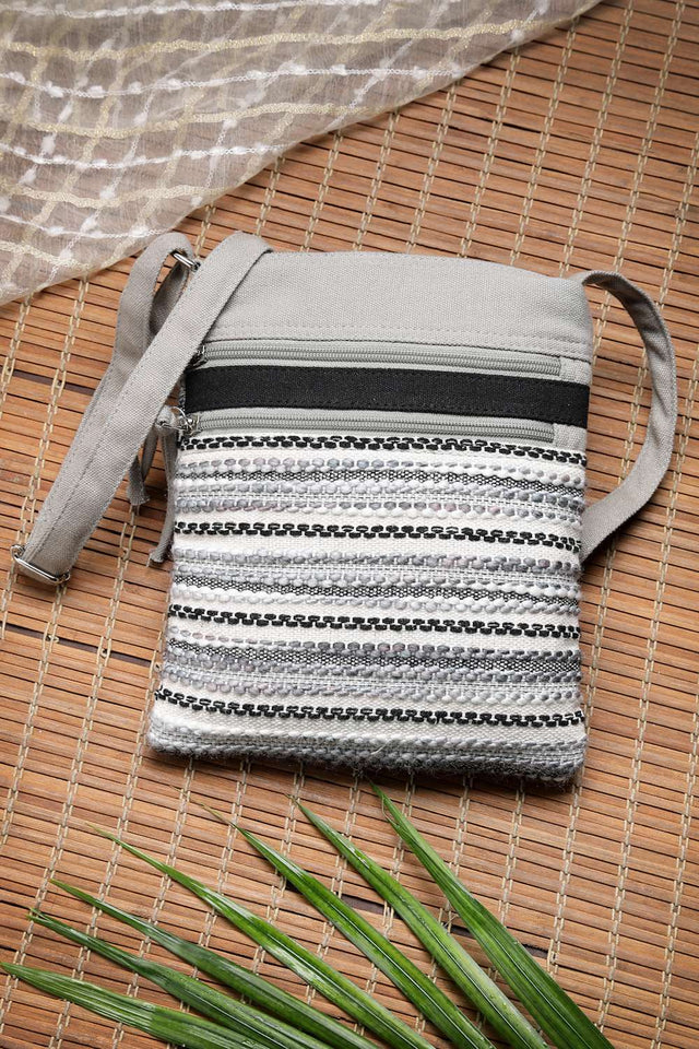 Grey Striped Woven Acrylic Jacquard Sling Bag