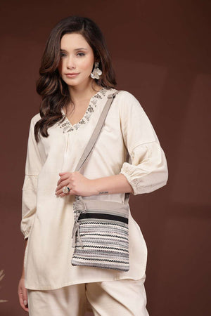 Grey Striped Woven Acrylic Jacquard Sling Bag