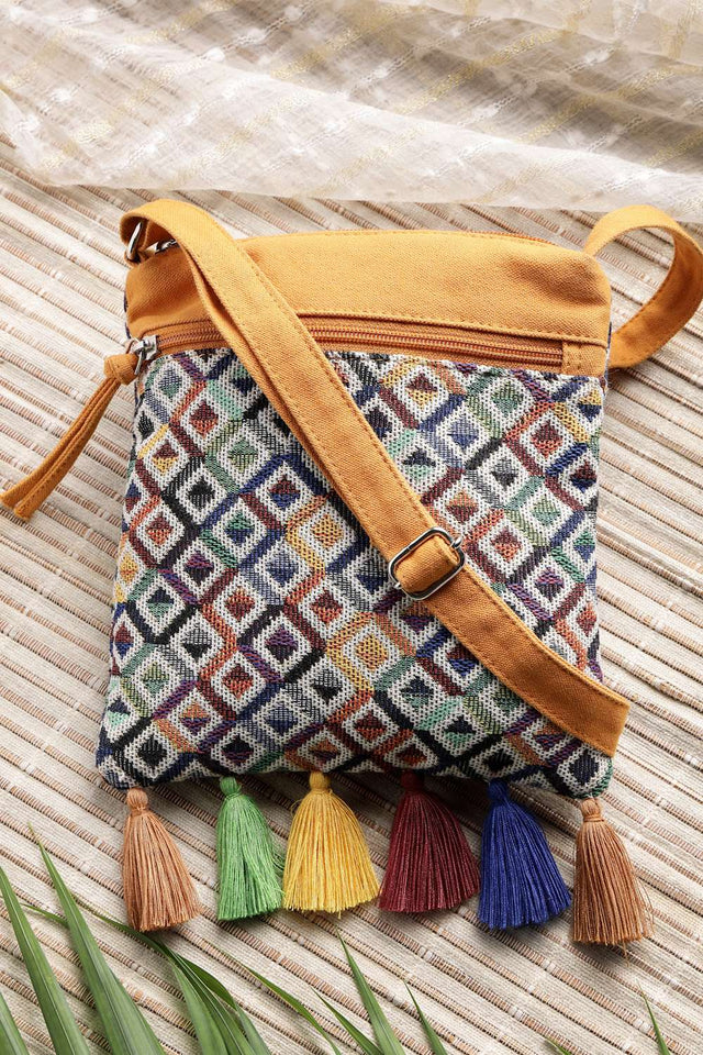 Mustard Jacquard Acrylic Jacquard Sling Bag