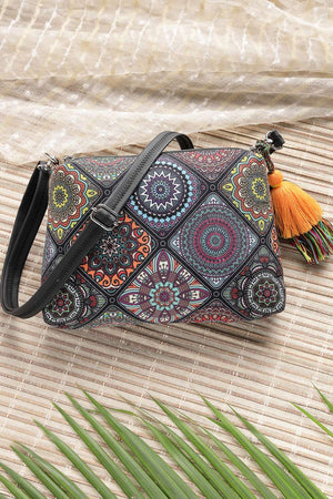 Black Digital Print Polycotton Canvas Sling Bag