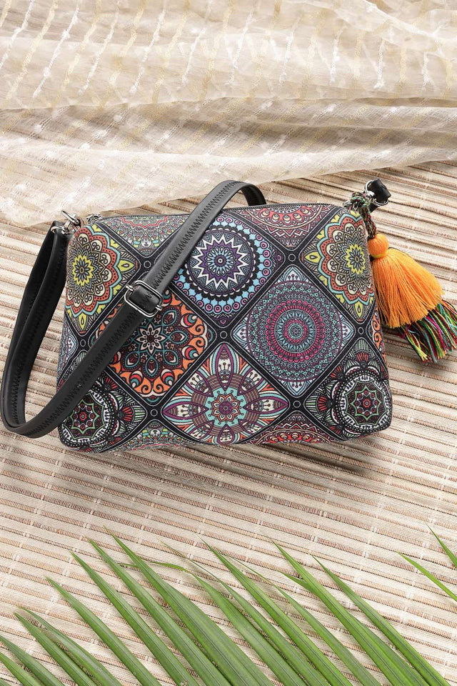 Black Digital Print Polycotton Canvas Sling Bag
