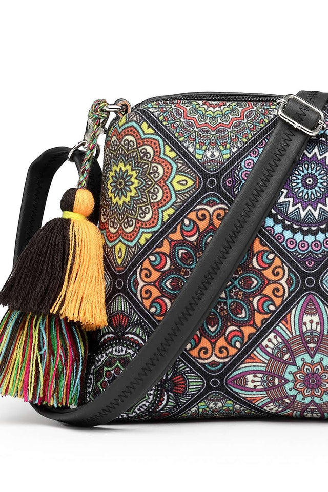 Black Digital Print Polycotton Canvas Sling Bag