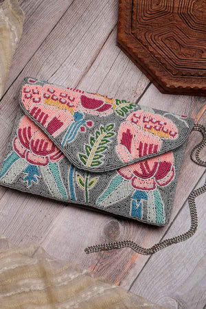 Grey Quirky Bead Work Cotton Sling Bag (ADBT1030A)