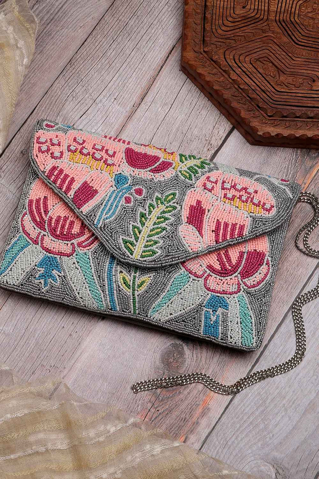 Grey Quirky Bead Work Cotton Sling Bag (ADBT1030A)