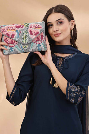 Grey Quirky Bead Work Cotton Sling Bag (ADBT1030A)