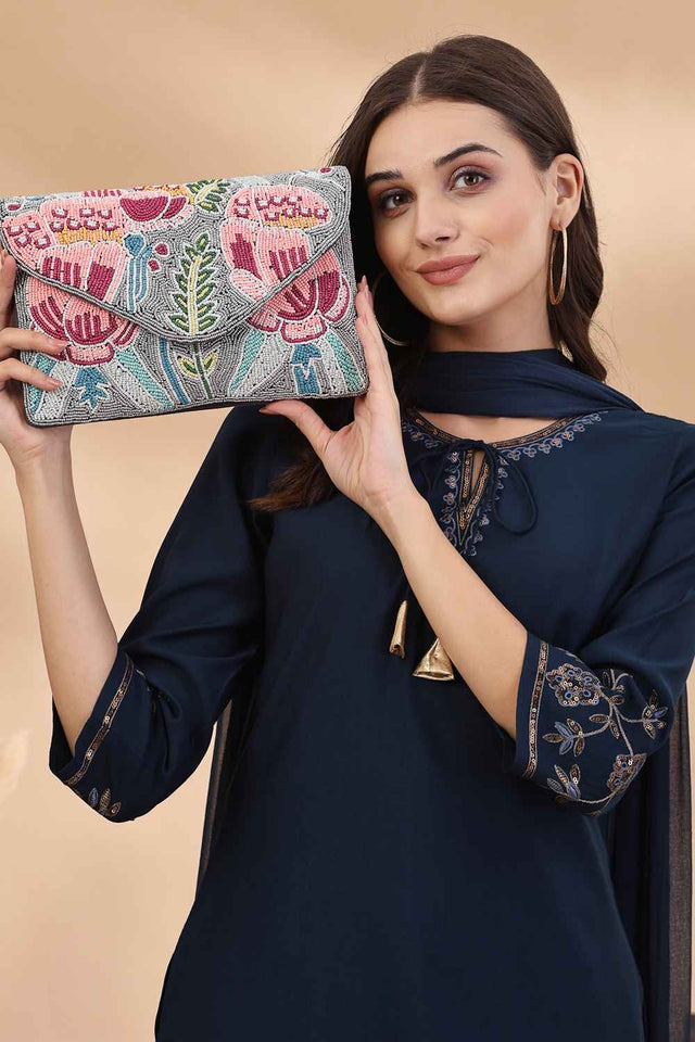 Grey Quirky Bead Work Cotton Sling Bag (ADBT1030A)