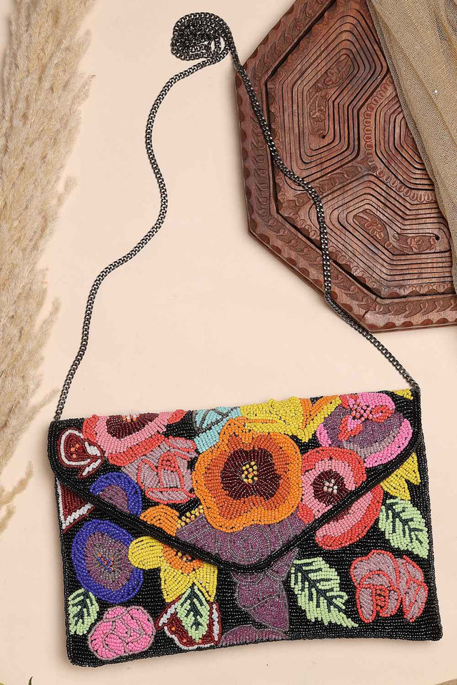 Multi-color Floral Bead Work Cotton Sling Bag