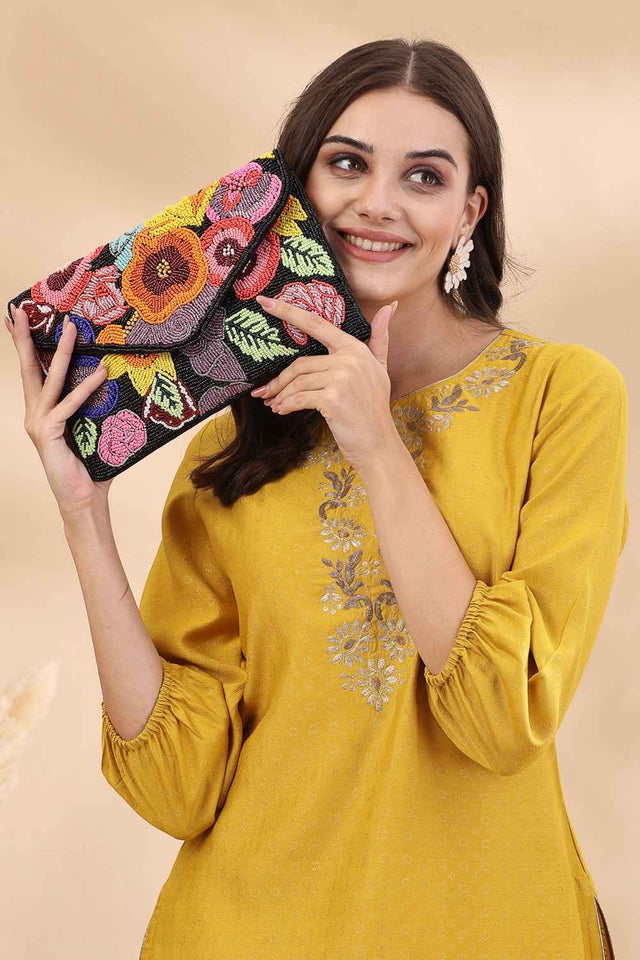 Multi-color Floral Bead Work Cotton Sling Bag